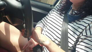 Taking a public car drive while playing with my small pussy